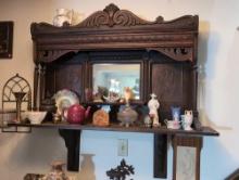 (FOYER) LATE 19TH CENTURY VICTORIAN EASTLAKE DARK STAINED OAK WALL SHELF MIRROR. VERY NICE CARVED