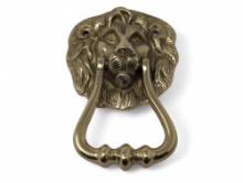 (LR) VINTAGE PATINATED SOLID CAS BRASS LION'S HEAD DOOR KNOCKER. IT MEASURES APPROX. 4-1/2"T X 3"W.