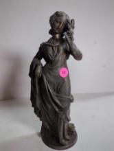 (LR) ANTIQUE CAST METAL STATUE, WOMAN WITH SQUIRREL, 10 5/8"H