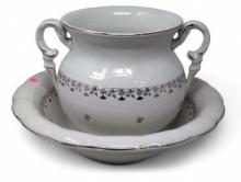 (LR) ANTIQUE VITREOUS PORCELAIN 2 PC. BOWL AND TWO HANDLED WASH SET WITH GOLD ACCENTS. MARKED ON THE