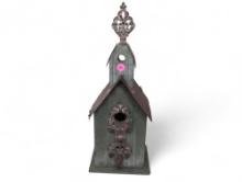 (LR) COUNTRY THEMED GREEN WOOD CHURCH BIRDHOUSE WITH DETAILED ENTRYWAY AND TIN ROOF. DOES SHOW SOME