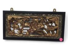 (LR) VINTAGE CHINESE GILT RED WOOD CARVED RELIEF IN A BLACK FRAME WITH GREEN SPECKLED BORDER. IT