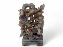 (LR) VINTAGE CARVED SOAPSTONE FLORAL PHOENIX SCULPTURE. IT MEASURES APPROX. 3-1/2"W X 1-1/4"D X 6"T.