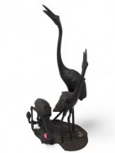 (LR) ANTIQUE JAPANESE BRONZE CRANE TRIO SCULPTURE WITH A SM. LEAD FROG. THE TRIO MEASURES APPROX.