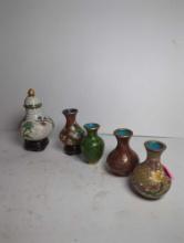 (LR)LOT OF 5 CLOISONNE VASES, 1 LIDDED VASE DOES NOT OPEN, ALL ARE OF VARIED SIZES, 2 ARE ON STANDS,