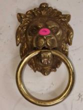 (LR) CAST BRASS LION DOOR KNOCKER, BRASS RING KNOCKER, MADE IN ITALY, 7 1/4"L 4 1/4"W