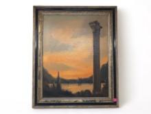 (FOYER) ANTIQUE OIL ON CANVAS PAINTING DEPICTING AN INTALIAN COLUMN/RUIN STANDING TALL WITH WATER