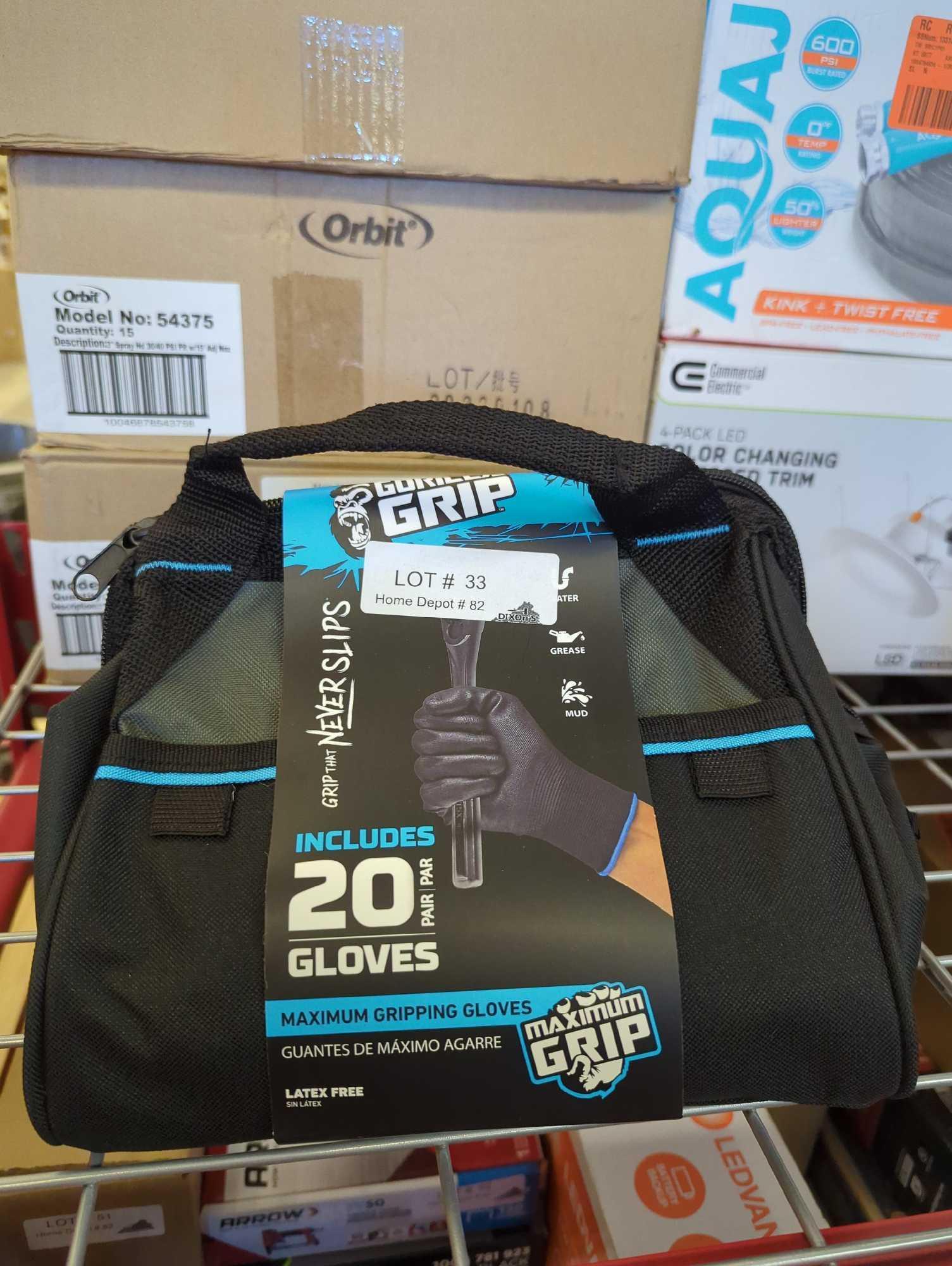 GORILLA GRIP KIT, 20 GORILLA GRIP GLOVES AND 1 TOOL BAG. UNIT IS NEW, 19.88 MSRP