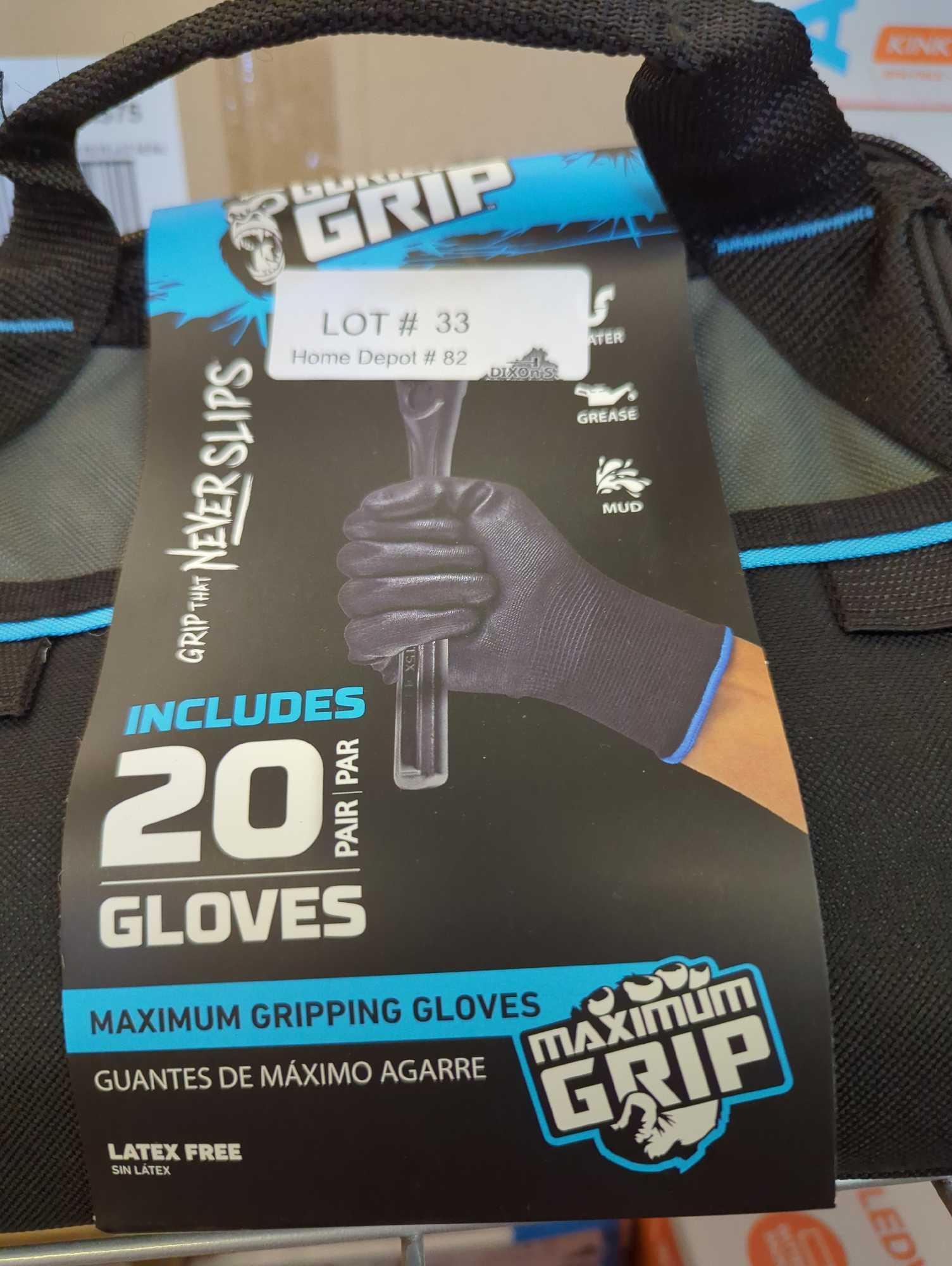 GORILLA GRIP KIT, 20 GORILLA GRIP GLOVES AND 1 TOOL BAG. UNIT IS NEW, 19.88 MSRP