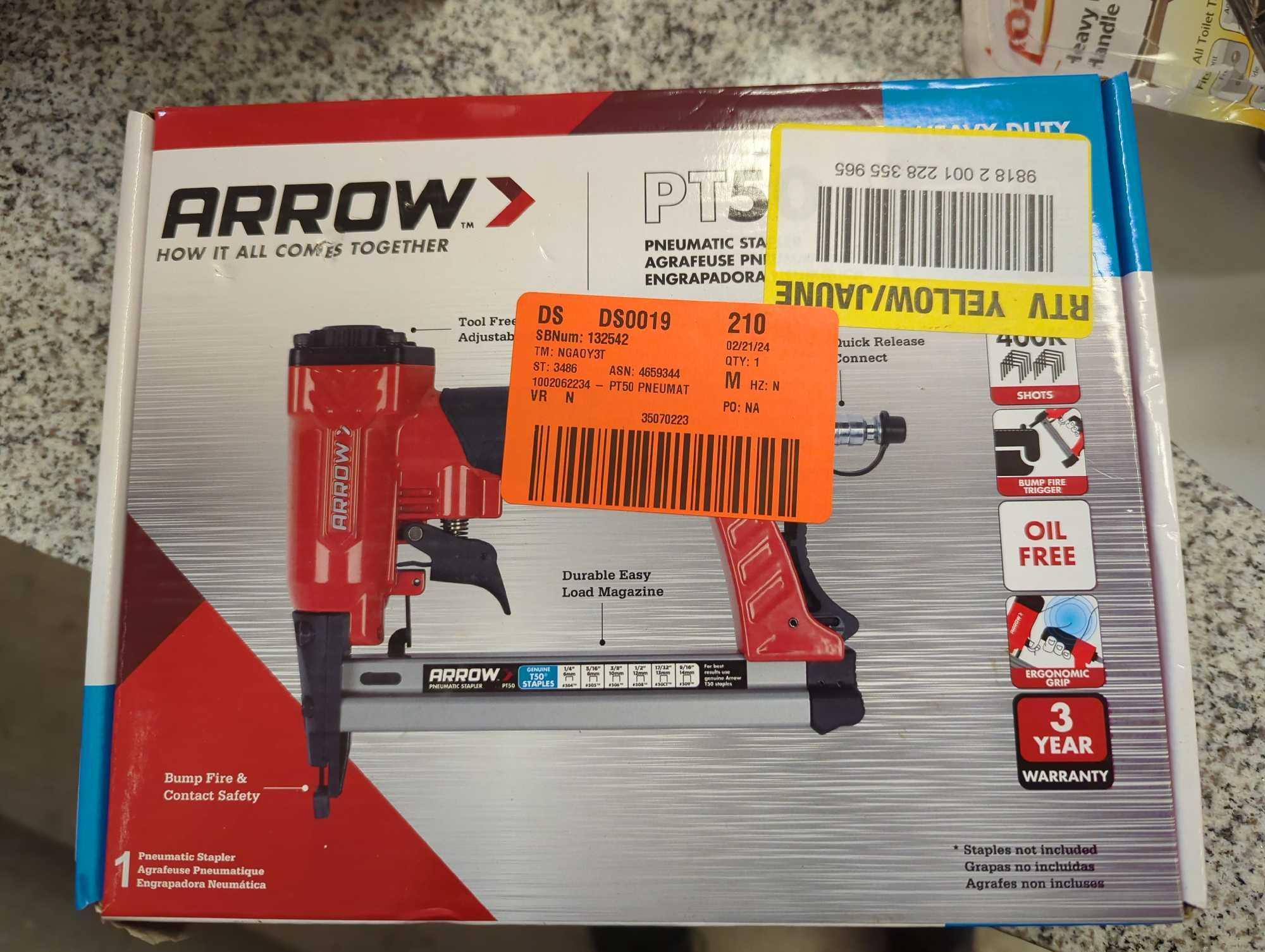 Arrow PT50 Pneumatic Staple Gun, UNIT APPEARS USED, UNTESTED, OPEN BOX MSRP 39.27