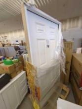 STEVES AND SONS FRAMED FIBERGLASS DOOR, WOOD EDGED ENTRY AND PATIO DOOR, UNIT APPEARS NEW ON PALLET,