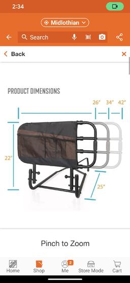Stander 26 in. to 42 in. EZ Adjustable Bed Rail with Swing-down Safety Railing and Pouch, in Black,