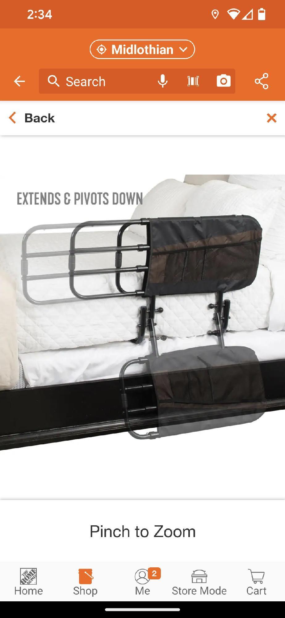 Stander 26 in. to 42 in. EZ Adjustable Bed Rail with Swing-down Safety Railing and Pouch, in Black,