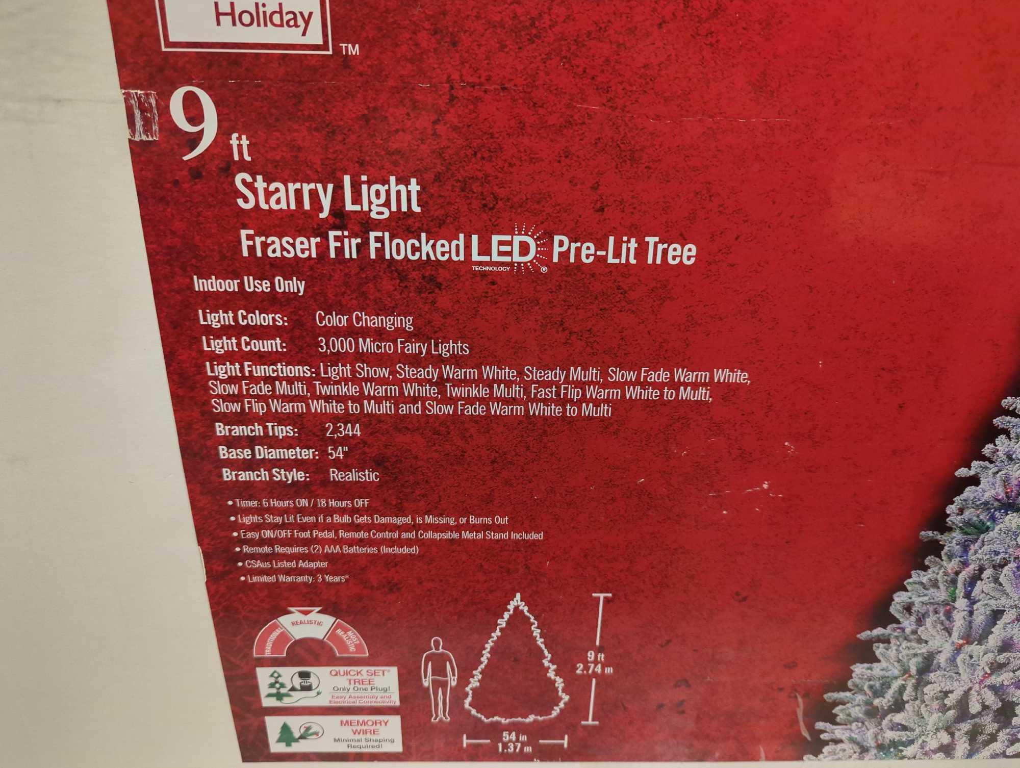 HOME ACCENTS HOLIDAY 9' STARRY LIGHT FRASER FIR FLOCKED LED PRE LIT TREE, OPEN BOX, UNIT APPEARS