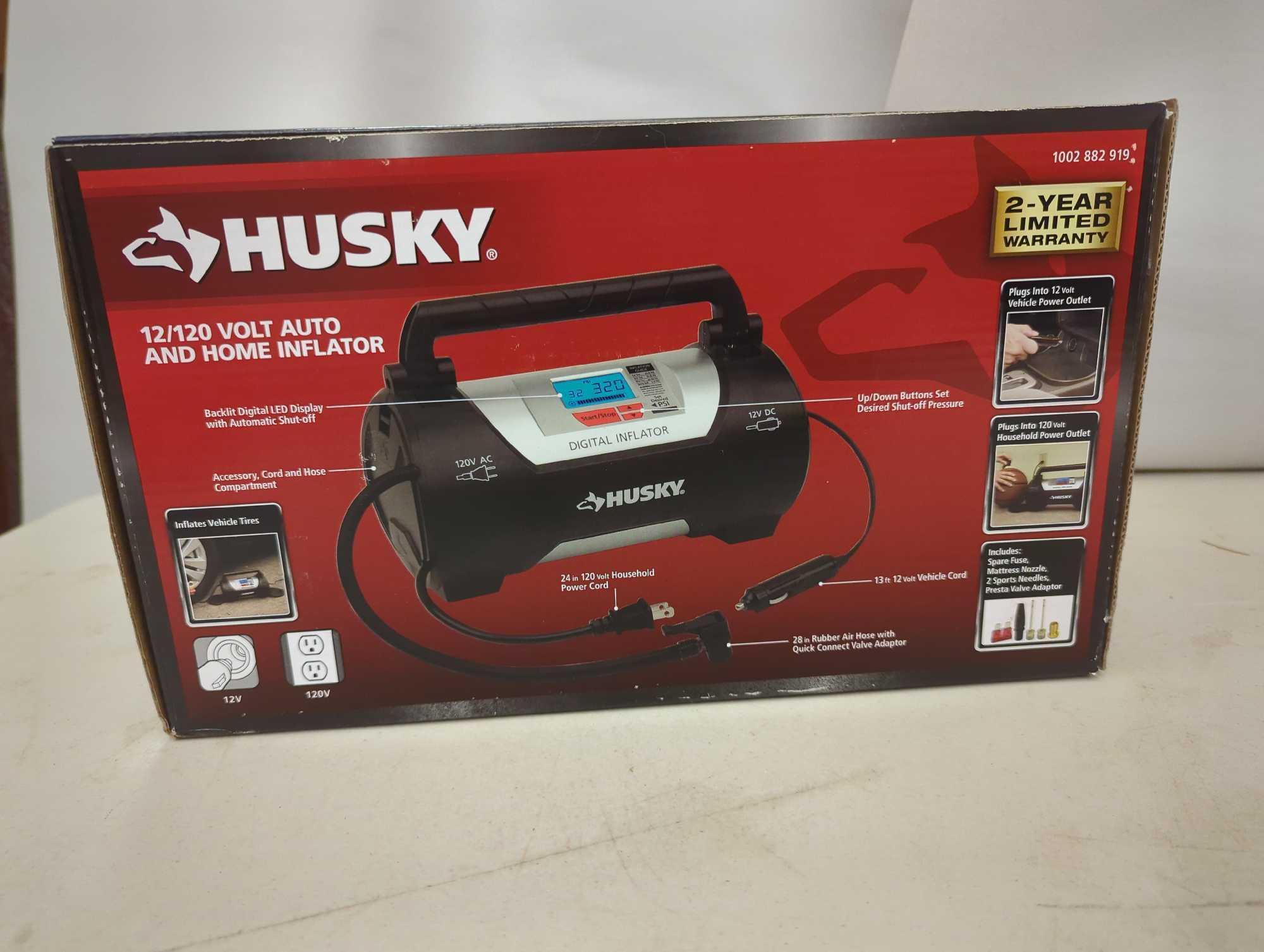 Husky 12/120 Volt Corded Electric Auto and Home Inflator. Comes in open box as is shown in photos.