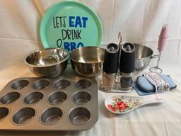 Cooking lot. Serving tray, mixing bowls, muffin tin, spoon holder, electric mixer, and electric