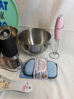 Cooking lot. Serving tray, mixing bowls, muffin tin, spoon holder, electric mixer, and electric