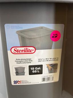 Lot of 2 Sterilite gray plastic 18 gallon tubs with lids....