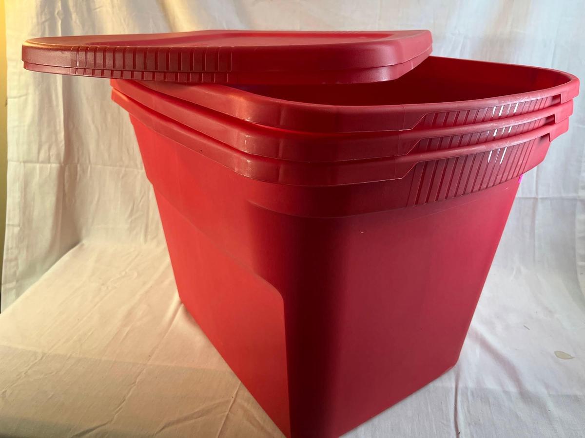 Three Sterilite red plastic 18 gallon tubs with 2 lids....