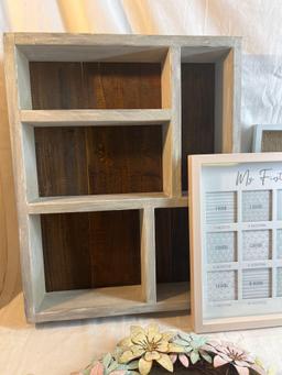 Home decor lot: display shelf, first year photo frame, family photo frame, family rules display,