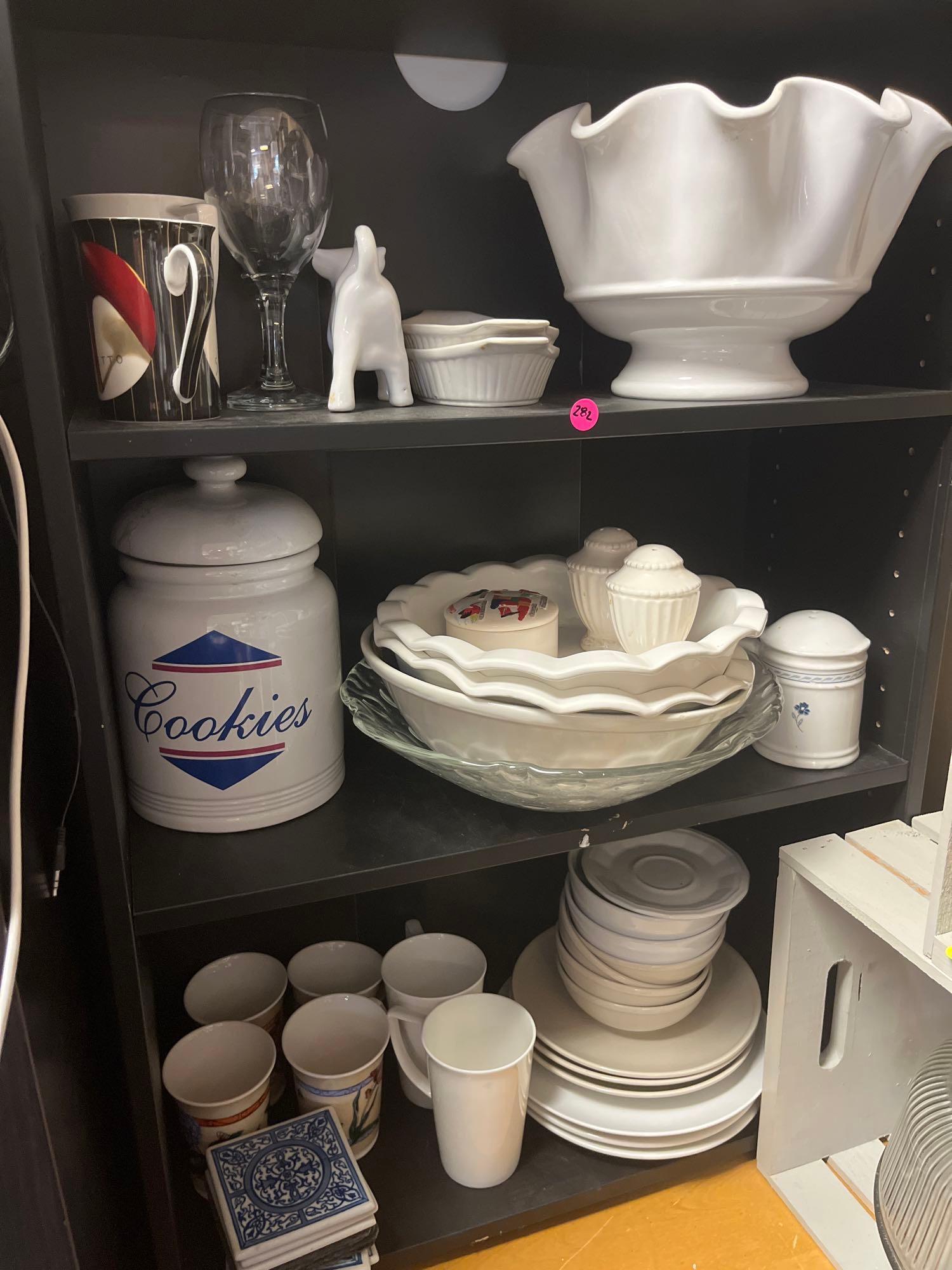 Huge lot, shelf not included. White large bowl, cow milk server, cookie jar, mugs, bowls, plates,