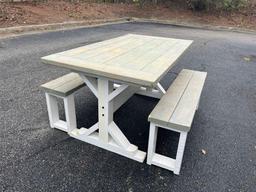 Farm style table. Solid and sturdy quality, wood table and benches. L 60 x H 30 x D 33