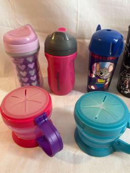 Cup lot - includes snack cups, plastic cups, Luke Bryan cup, Chuck E. Cheese cup, insulated cups,