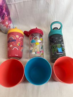 Cup lot - includes snack cups, plastic cups, Luke Bryan cup, Chuck E. Cheese cup, insulated cups,