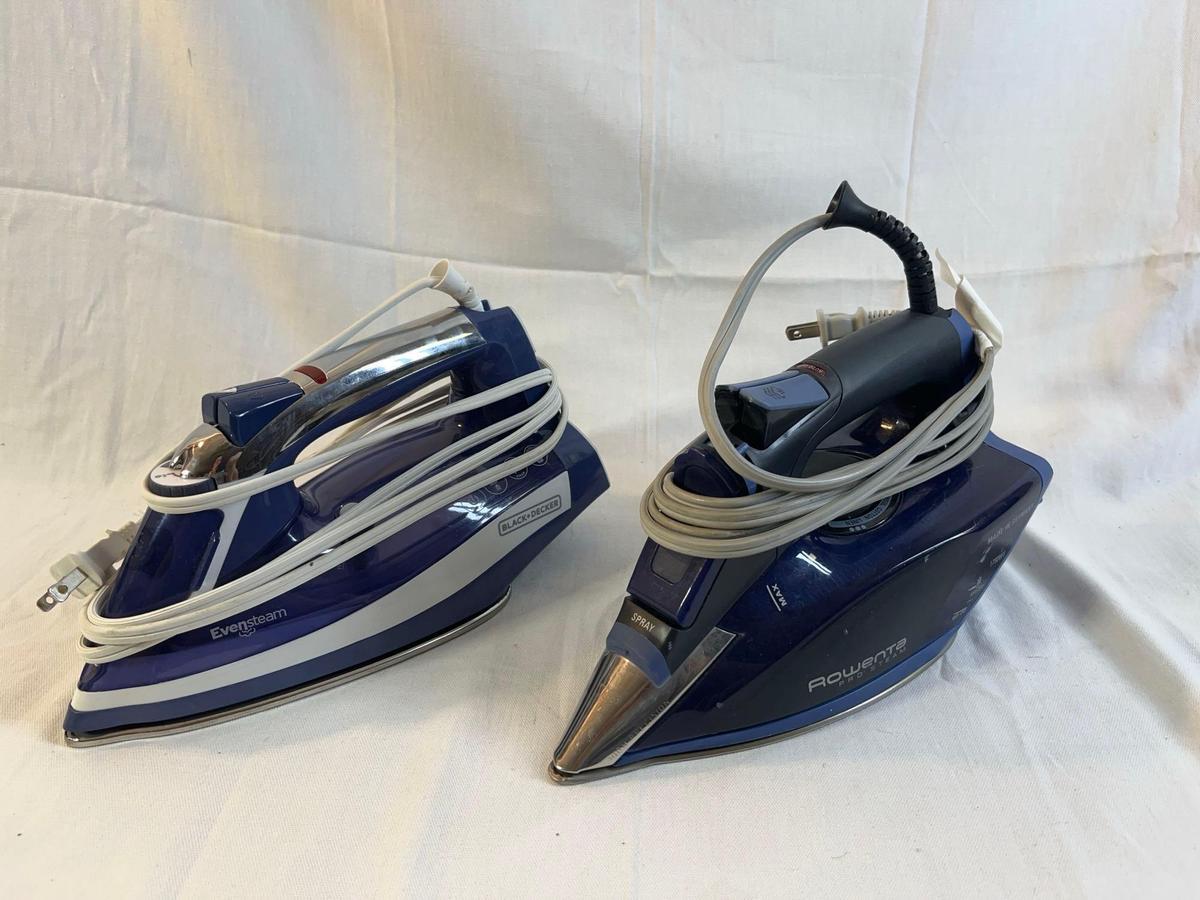 Two steam irons. Black & Decker EvenSteam and Rowenta Pro Steam