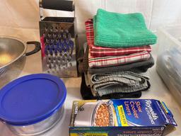 Kitchen lot: strainer, hand towels, mixing spoons, reusable bags, grater, utensils, etc.