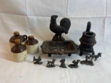 Vintage - cast iron rooster soap dish, small cast iron animals, set of little brown jugs