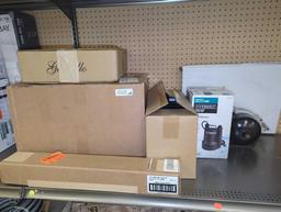 Shelf Lot of Assorted Items Including Everbilt Submersible Utility Pump (1/6 Horsepower), Powercare