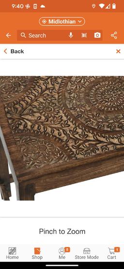 Litton Lane 14 in. Brown Handmade Intricately Carved Floral Large Rectangle Wood End Accent Table