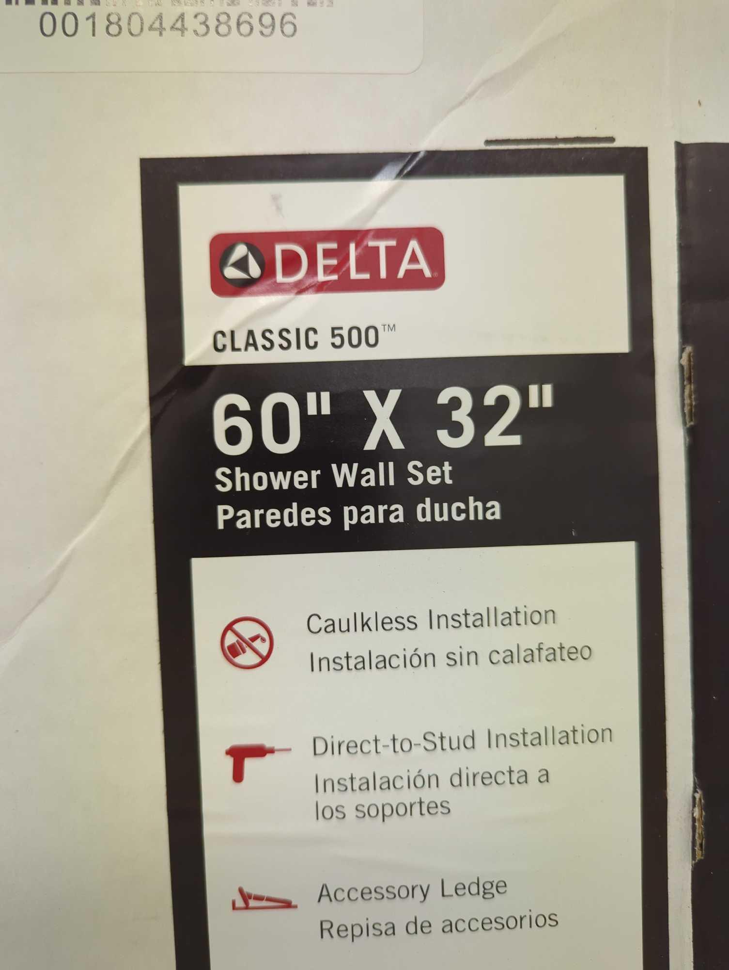 Lot of 2 Delta 60 in x 32 in Shower Wall Set In White Both In Open Boxes Do to Being in Open Boxes