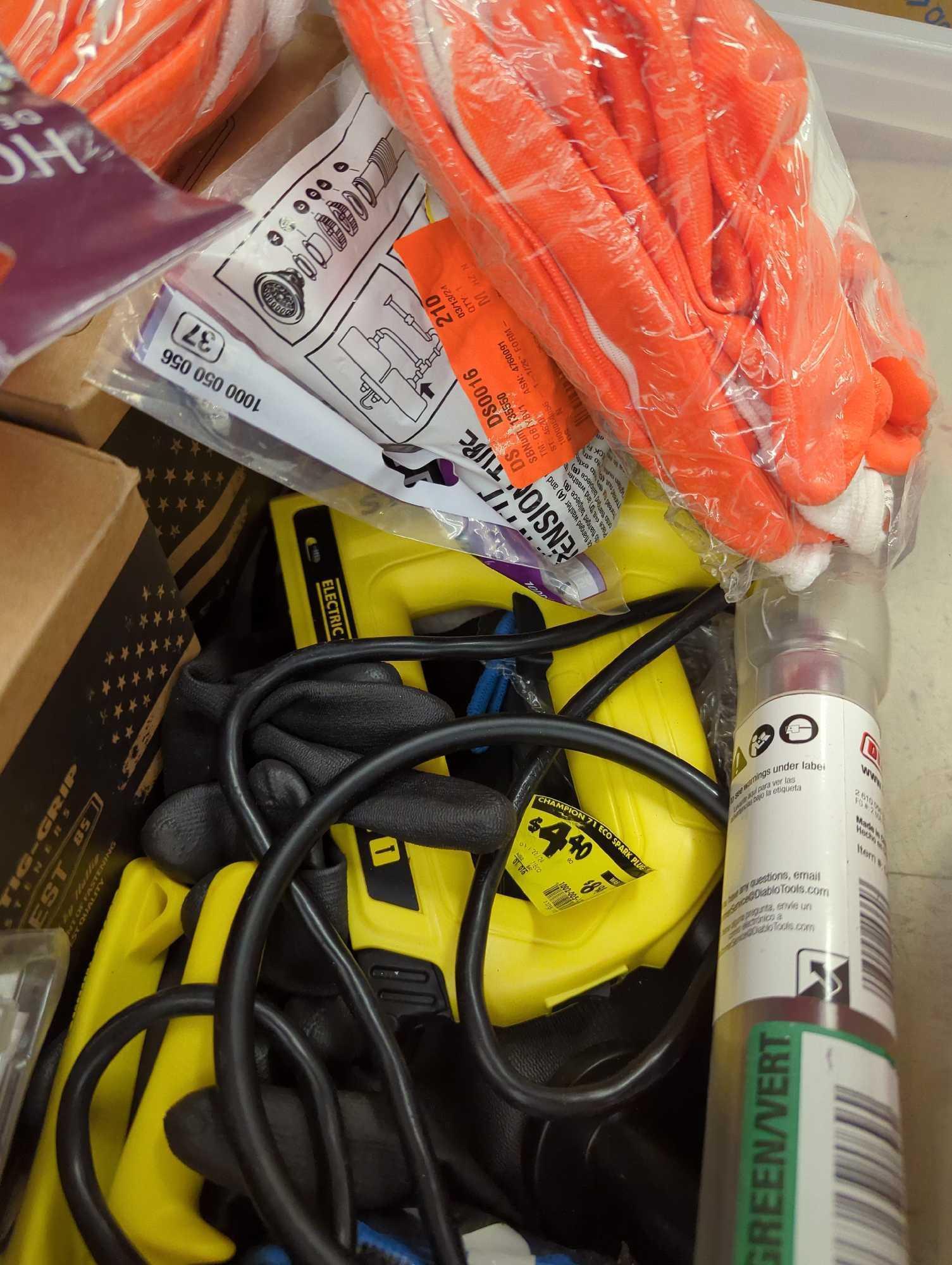 Tote Lot of Assorted Items to Include, DeWalt 100ft Open Reel Fiber Glass Long Tape, Firm Grip