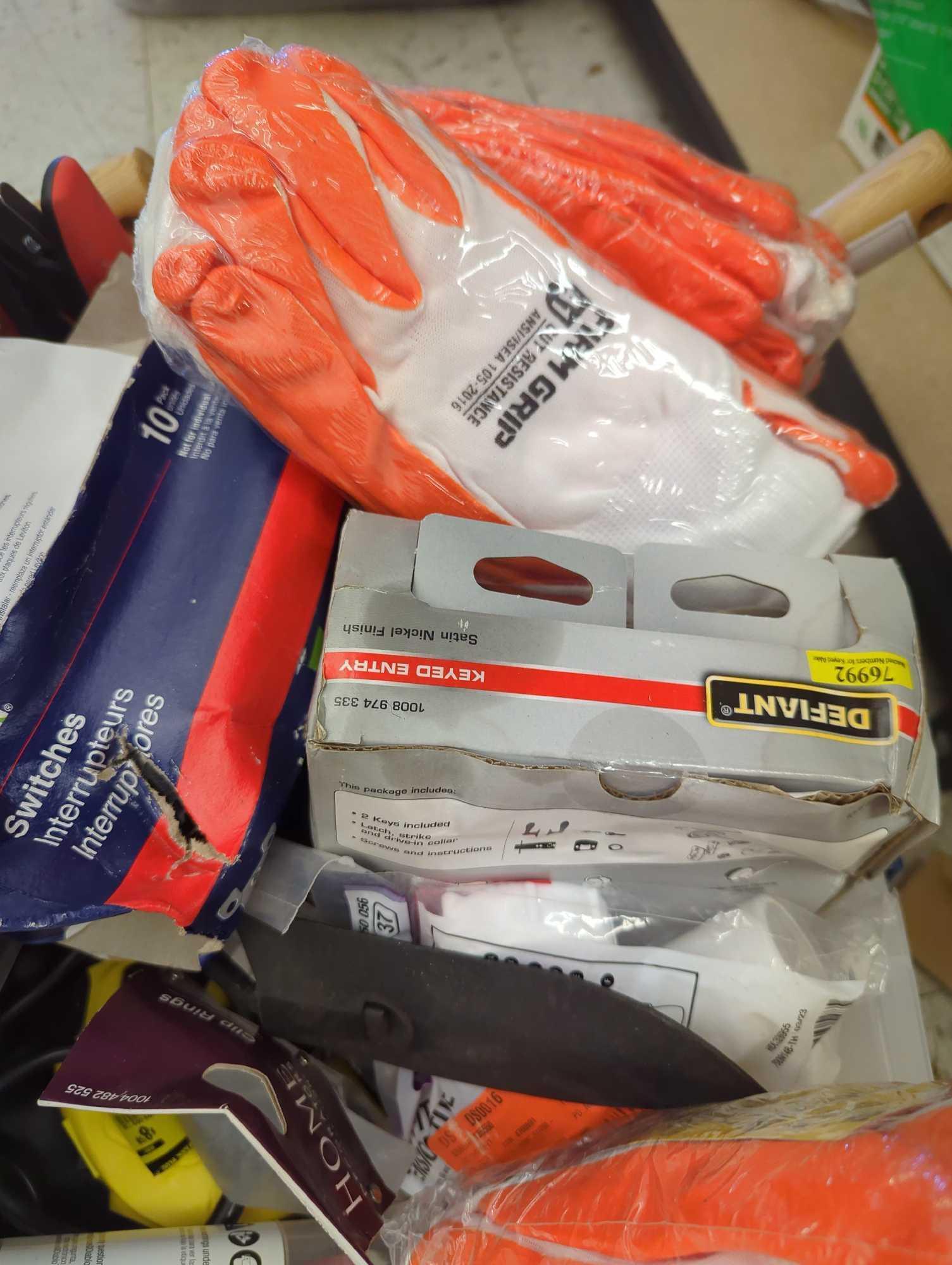 Tote Lot of Assorted Items to Include, DeWalt 100ft Open Reel Fiber Glass Long Tape, Firm Grip