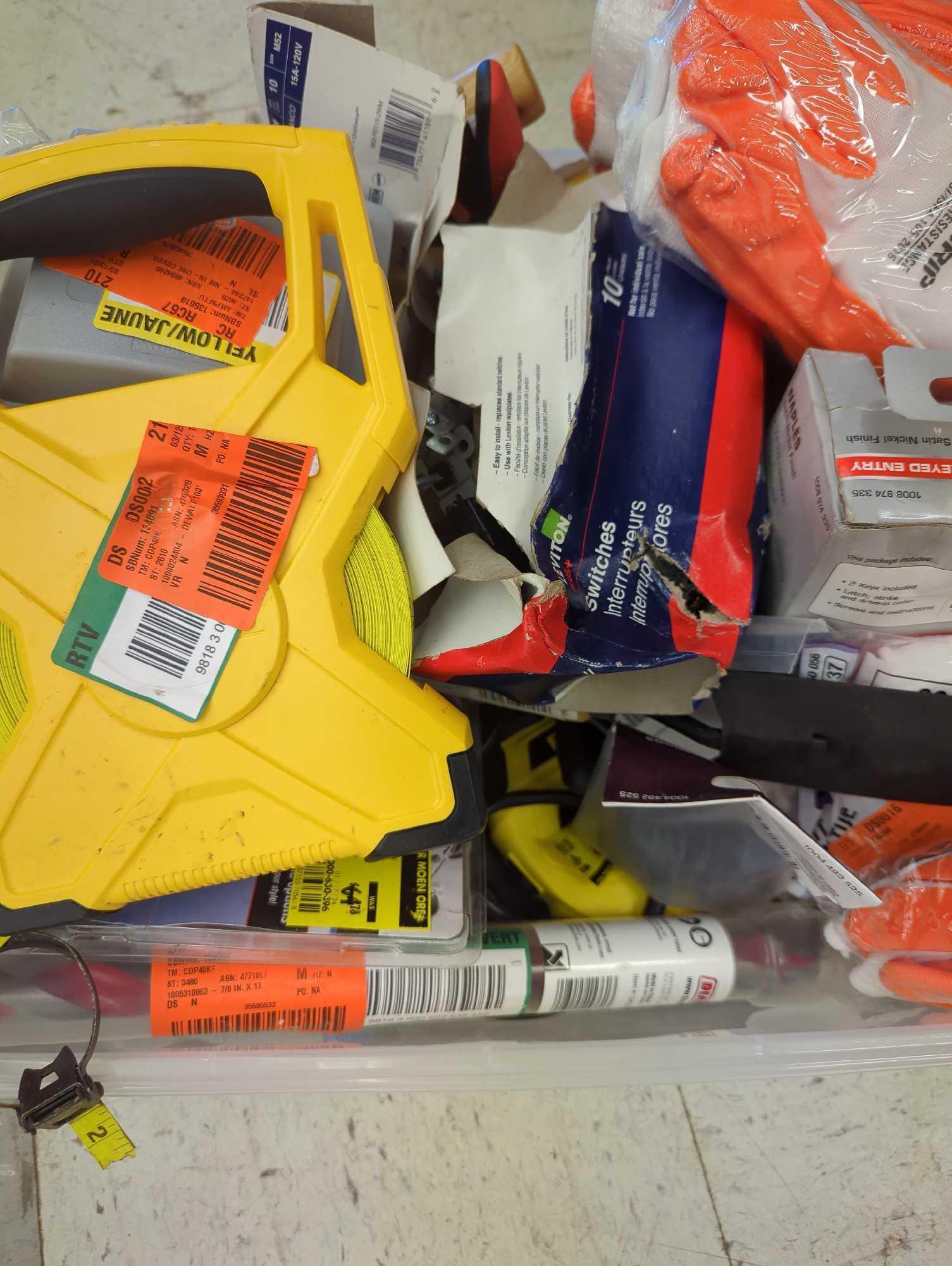 Tote Lot of Assorted Items to Include, DeWalt 100ft Open Reel Fiber Glass Long Tape, Firm Grip