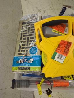 Tote Lot of Assorted Items to Include, DeWalt 100ft Open Reel Fiber Glass Long Tape, Firm Grip