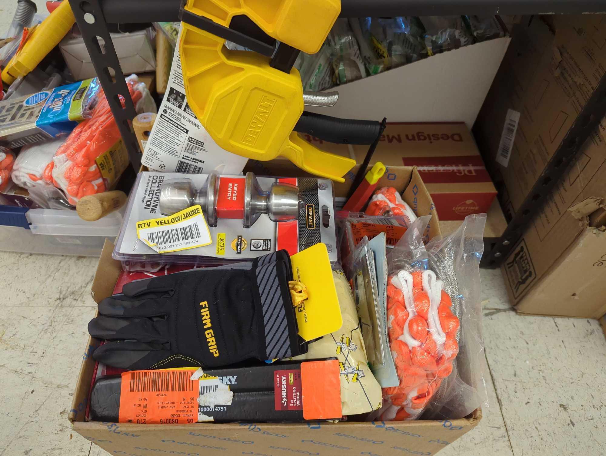 Box Lot of Assorted Items to Include, Husky 5Lb Splitting Wedge, Firm Grip Nitrile Coated Gloves,