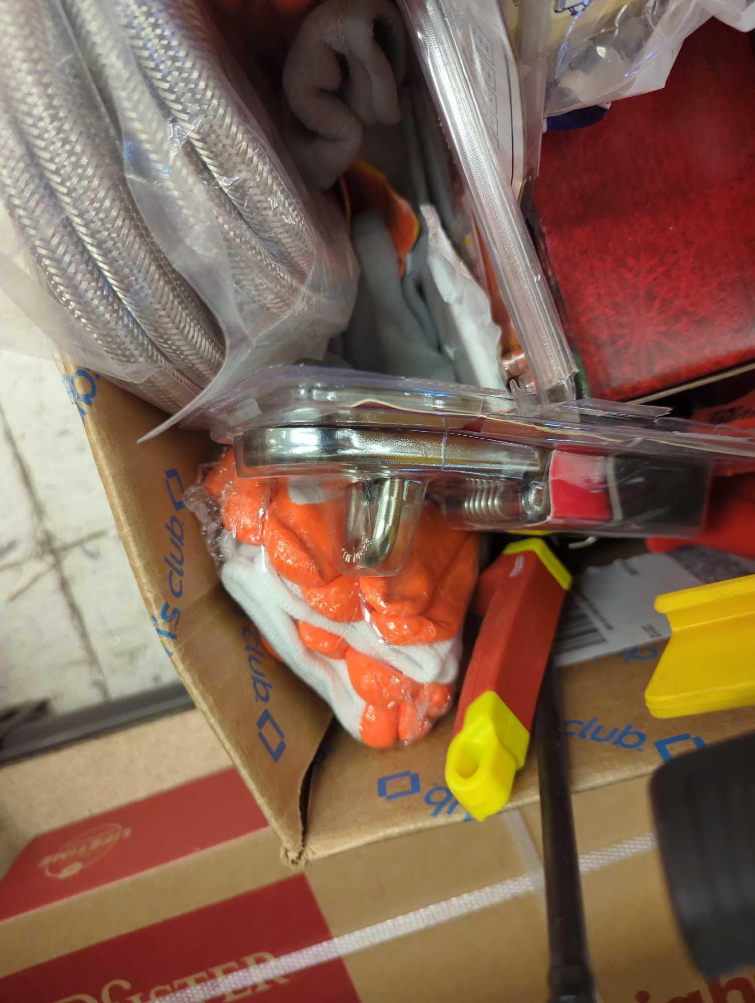 Box Lot of Assorted Items to Include, Husky 5Lb Splitting Wedge, Firm Grip Nitrile Coated Gloves,