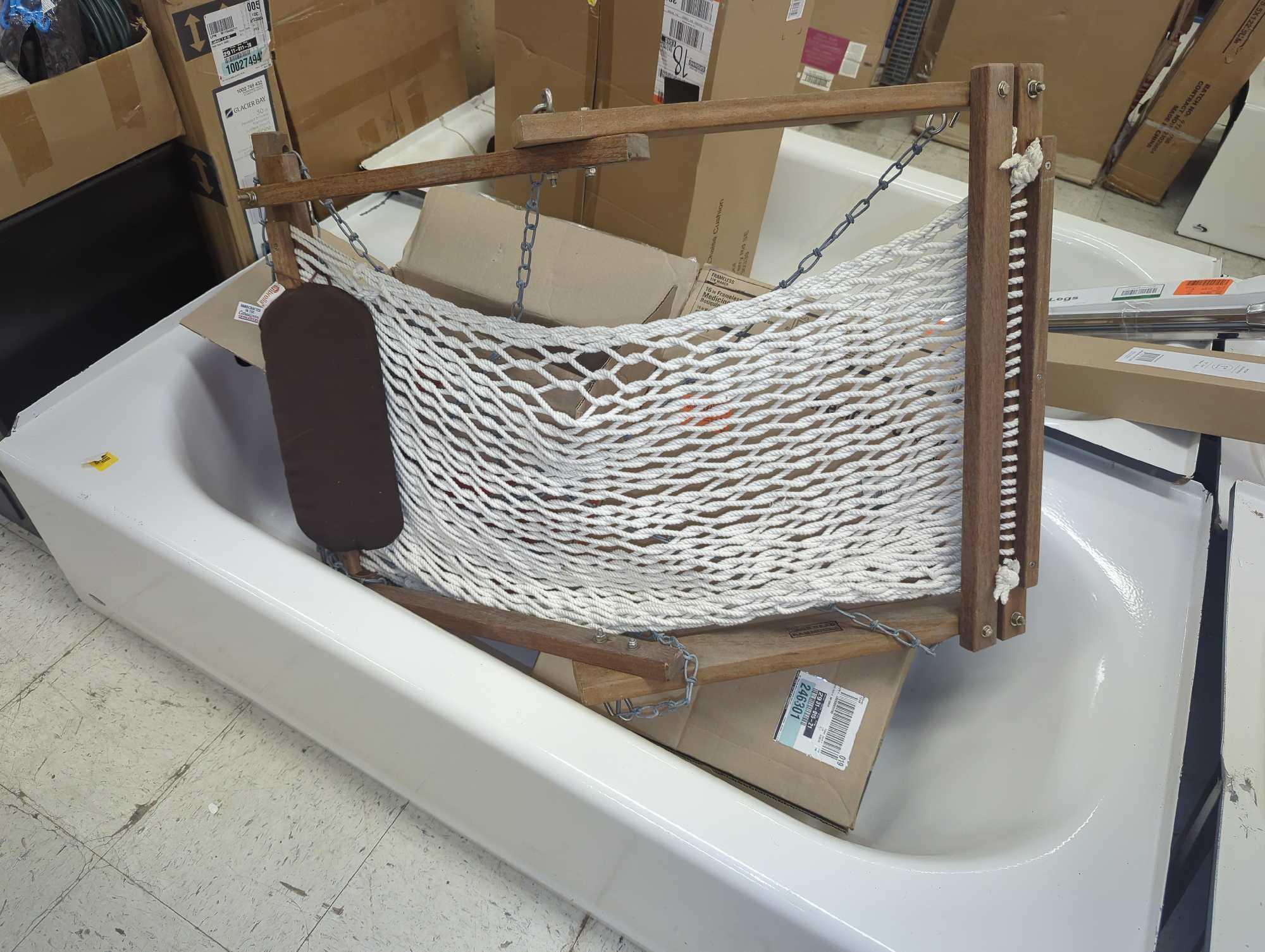 Tub Lot of Assorted Items Including Sunbrella Hanging Hammock Chair, Glacier Bay 16 in. W x 20 in. H