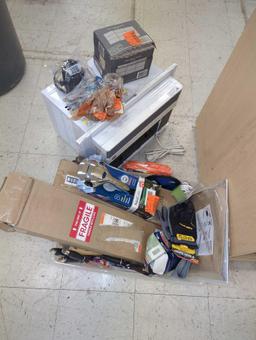 Tote Lot of Assorted Items Including GE Small Room Air Conditioner (Parts ONLY), Husky 2" Flexible