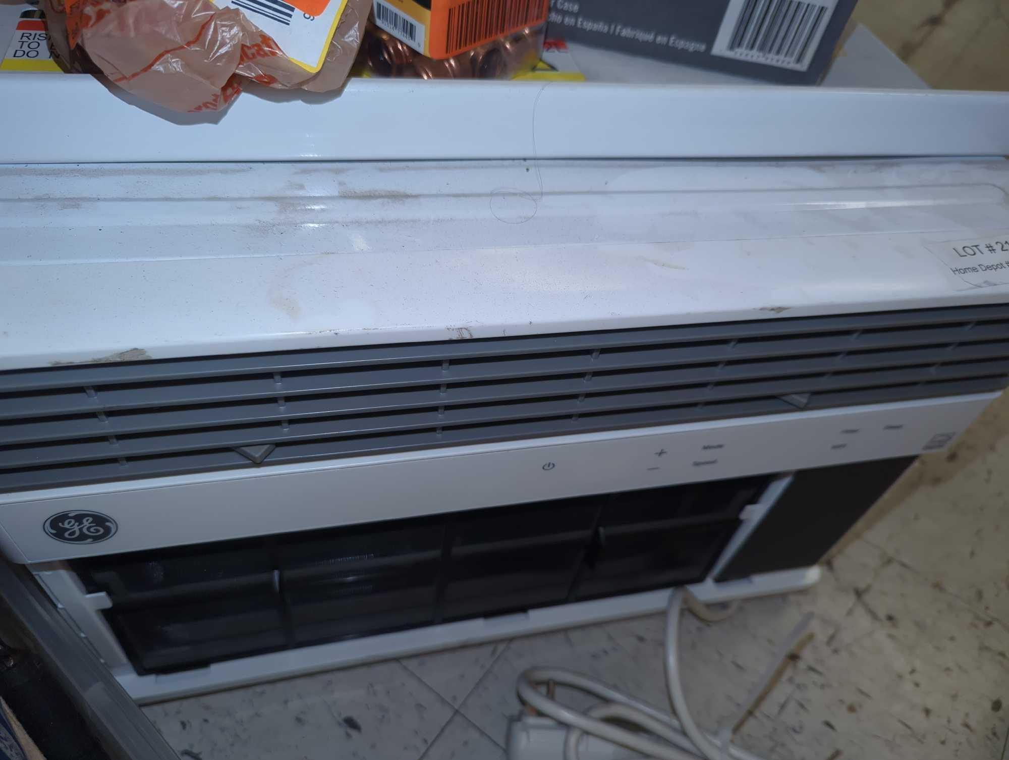 Tote Lot of Assorted Items Including GE Small Room Air Conditioner (Parts ONLY), Husky 2" Flexible