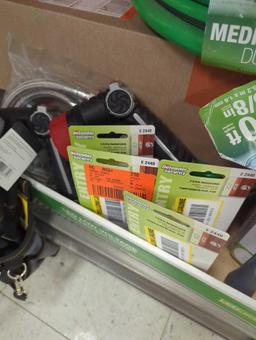 Partial Shelf Mystery Lot of Assorted Items to Include, Flexon Medium Duty 50 Ft Garden Hose, Home