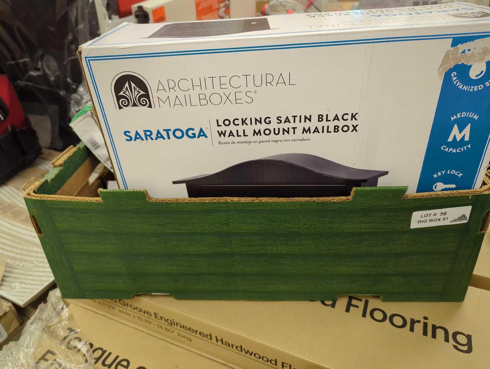 Box Lot of Assorted Items to Include, Architecture Mailboxes Saratoga Locking Satin Black Wall Mount