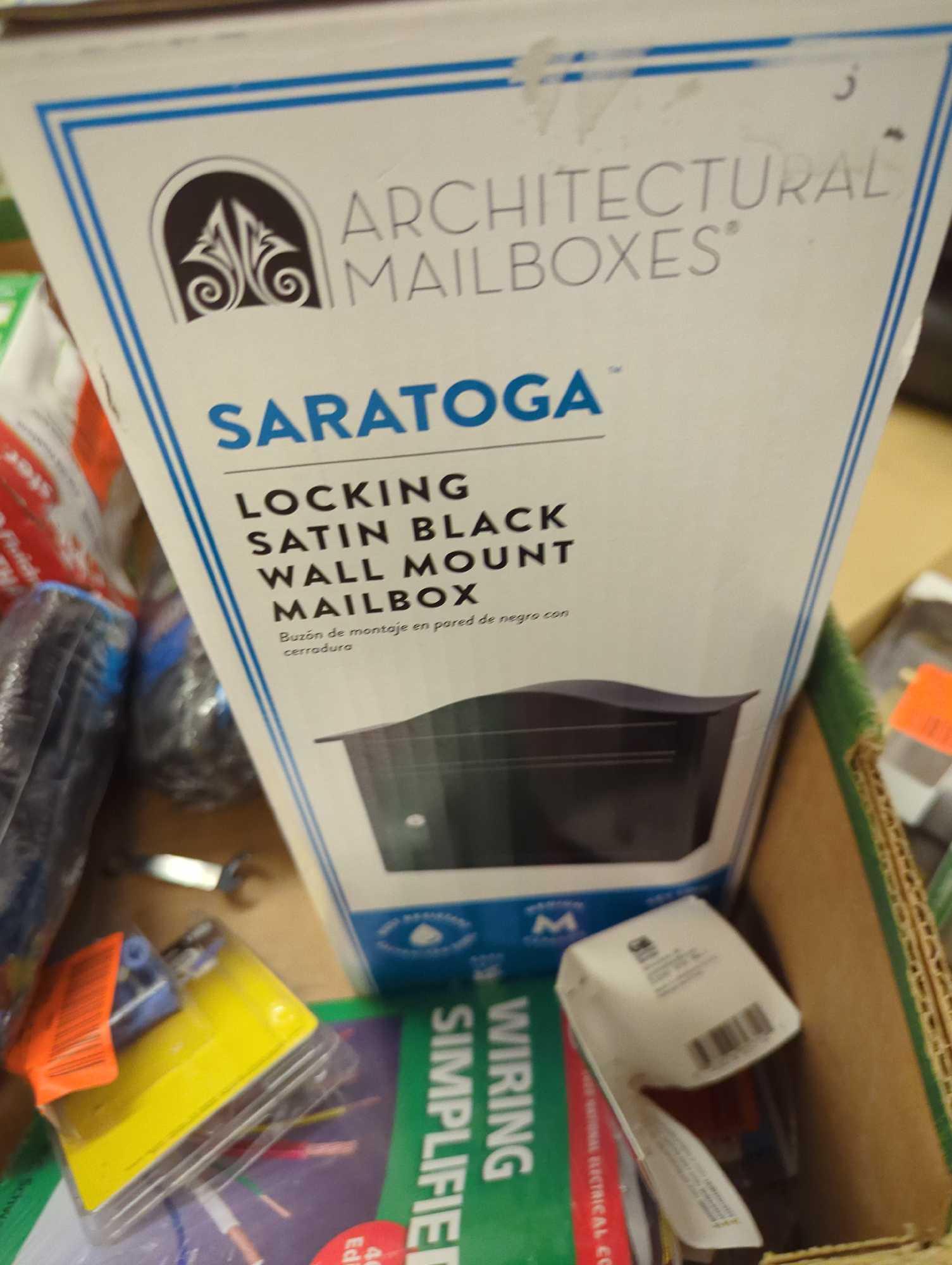 Box Lot of Assorted Items to Include, Architecture Mailboxes Saratoga Locking Satin Black Wall Mount