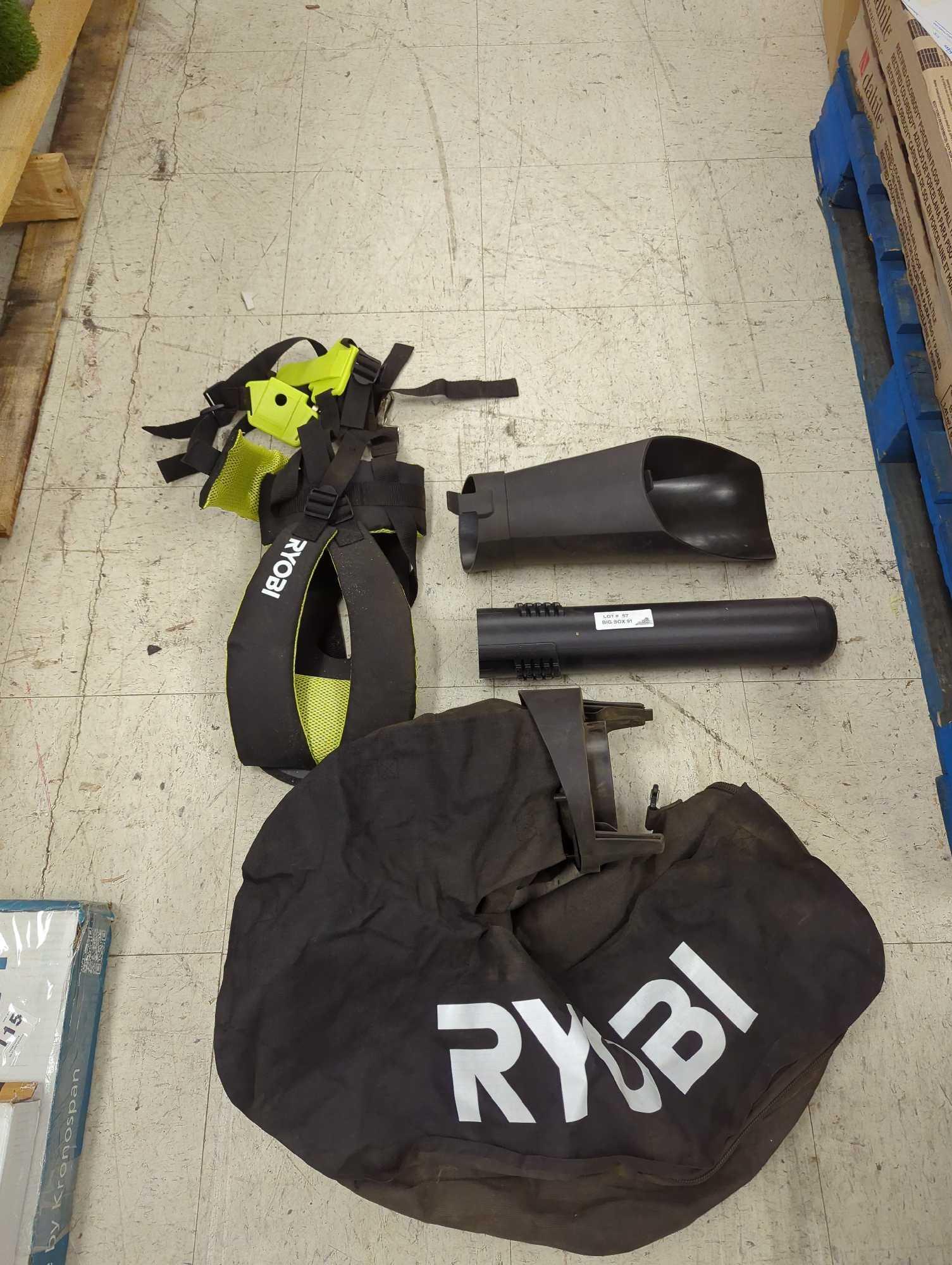 Lot of Items to Include, A Ryobi Backpack Leaf Blower Strap, and Ryobi Leaf bag / maulcher with two