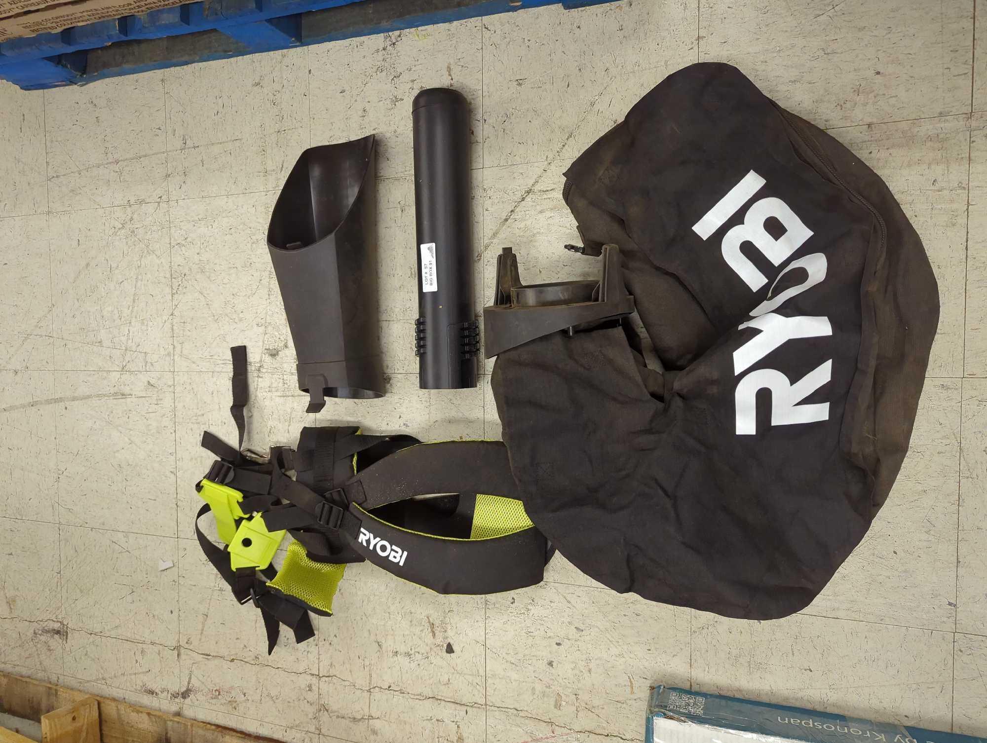 Lot of Items to Include, A Ryobi Backpack Leaf Blower Strap, and Ryobi Leaf bag / maulcher with two