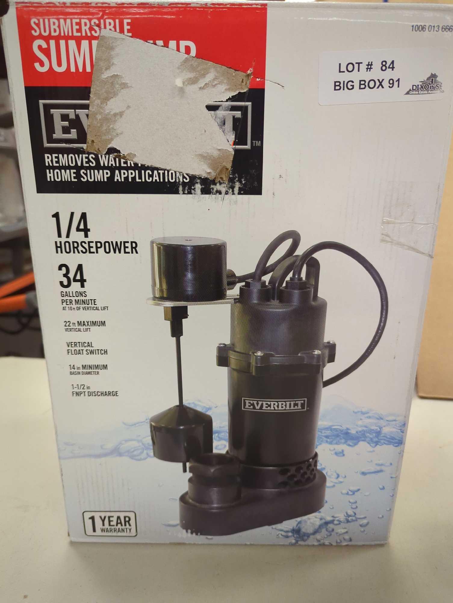 Everbilt 1/4 HP Aluminum Sump Pump Vertical Switch. Comes in open box as is shown in photos. Appears