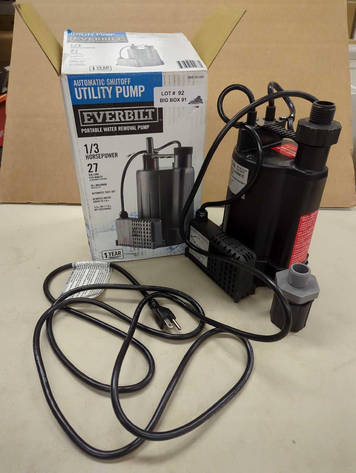 Everbilt 1/3 HP Automatic Utility Pump. Comes in open box as is shonen photos. Appears to be new.
